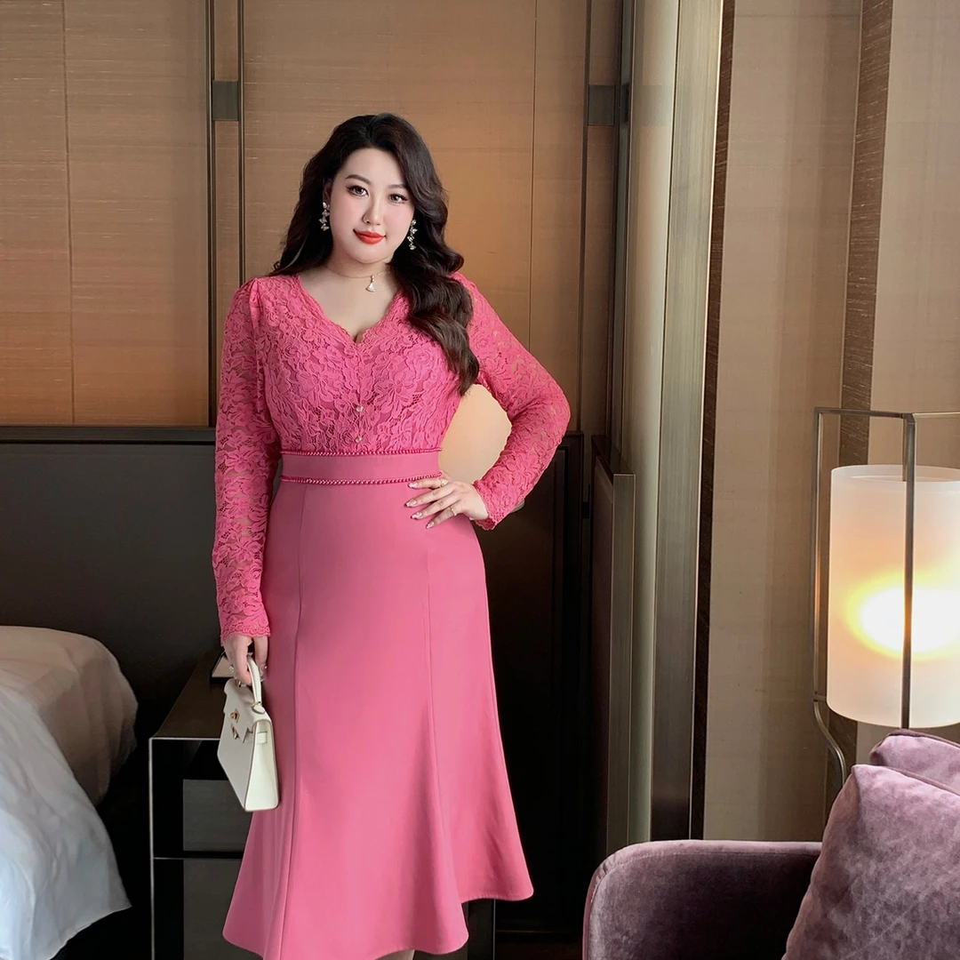 GLEC大码女装2024新款春款时尚优雅名媛蕾丝拼接鱼尾连衣裙G732A