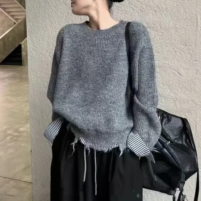 Y628 不规则毛衣女短款秋冬季新款针织打底衫流苏拼接假两件上衣