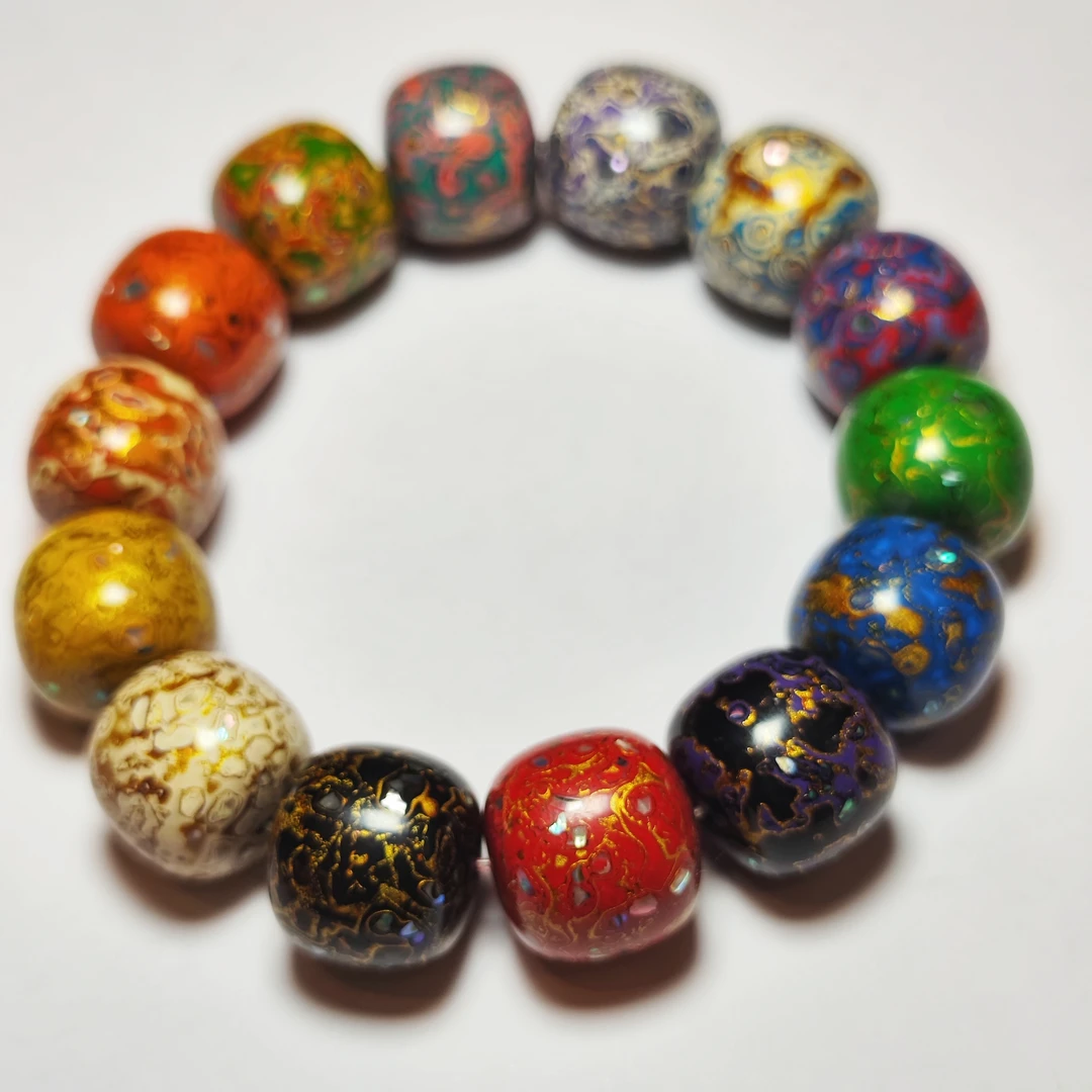 绚丽多彩漆珠单圈手串五颜六色随机搭配大号15mm桶珠14颗