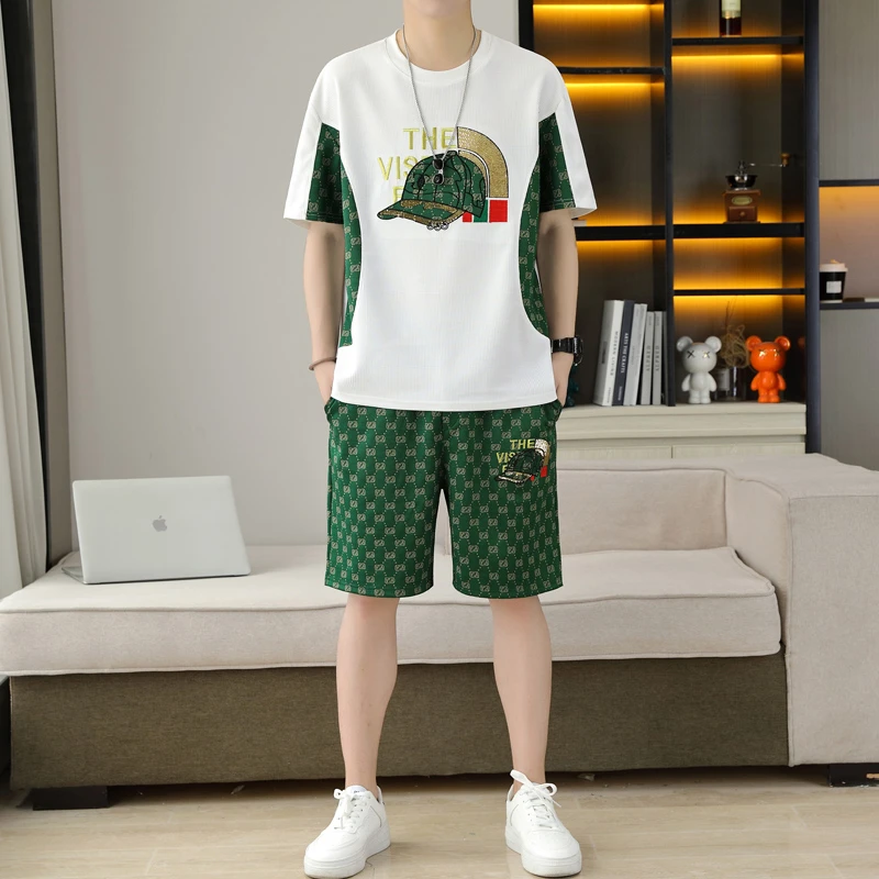 夏天印花短袖短裤套装男士时尚简欧休闲潮流帅气薄款五分裤两件套