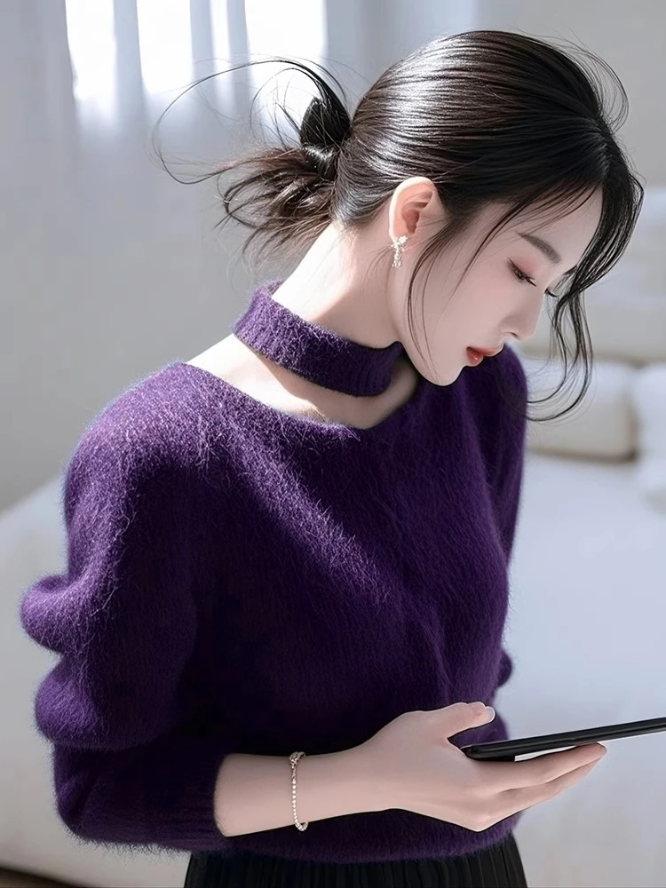 条纹法式气质独特紫色长袖女款冬季设计感奶呼呼软糯内搭针织上衣