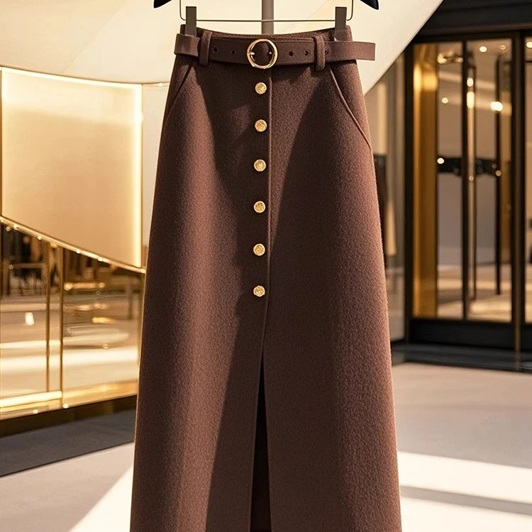 包臀裙美拉德咖色a字毛呢女秋冬2024新款韩系感开叉直筒中长裙子