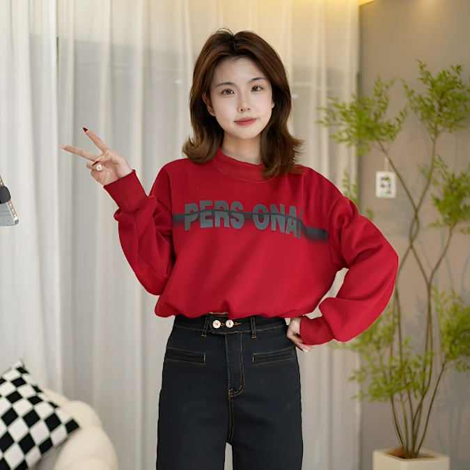 568加绒加厚圆领字母抽绳卫衣秋冬显瘦小个子打底上衣