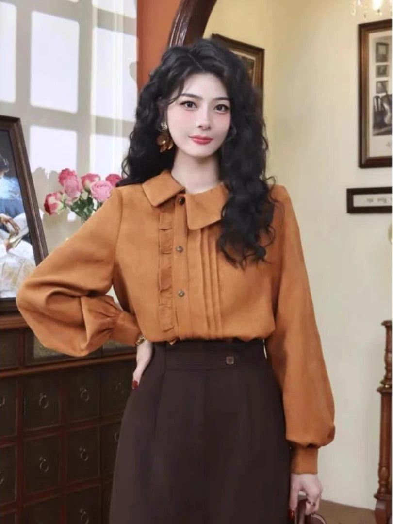 复古港味斜纹磨毛衬衫女2024春款休闲尖领金扣衬衣设计感小众上衣