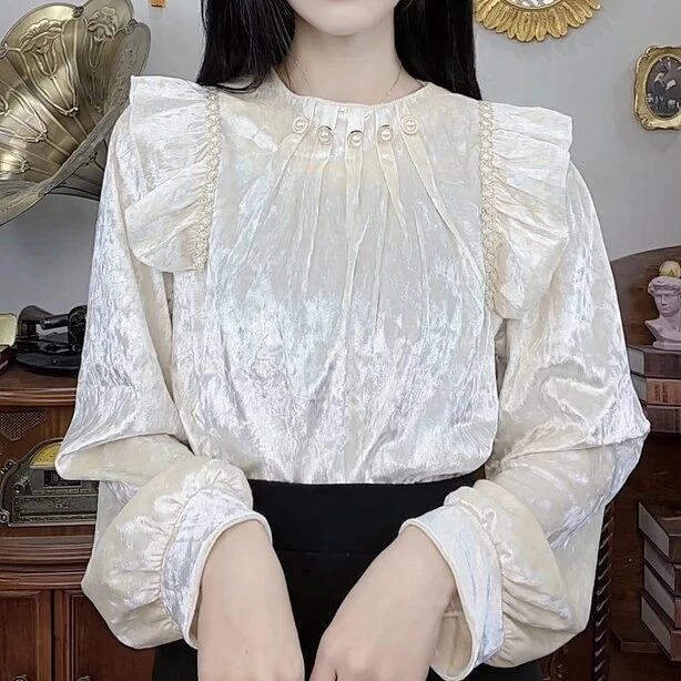 382法式高端丝绒上衣打底衬衫女装早秋新款宽松时尚别致漂亮上衣