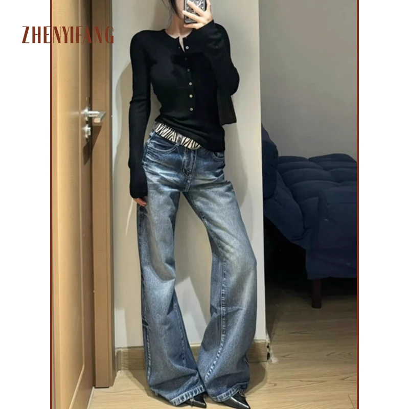 ZHENYIFANG/真衣坊春季美式复古微喇牛仔裤女宽松显瘦百搭拖地裤