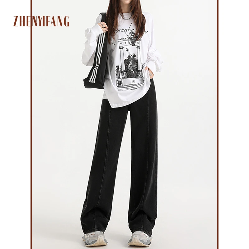 ZHENYIFANG/真衣坊py春季黑色直筒牛仔裤女蝴蝶结垂感阔腿裤1291