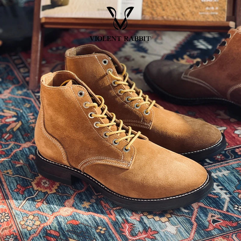VR兔爷大逃亡男固特异牛反绒皮扁头无港宝美式复古靴子真皮工装鞋