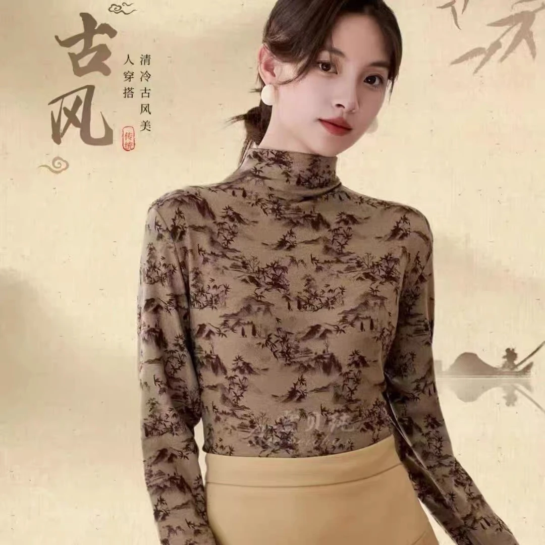 绵红装德绒山水国风长袖打底复古双面半高领中式中国风印花保暖