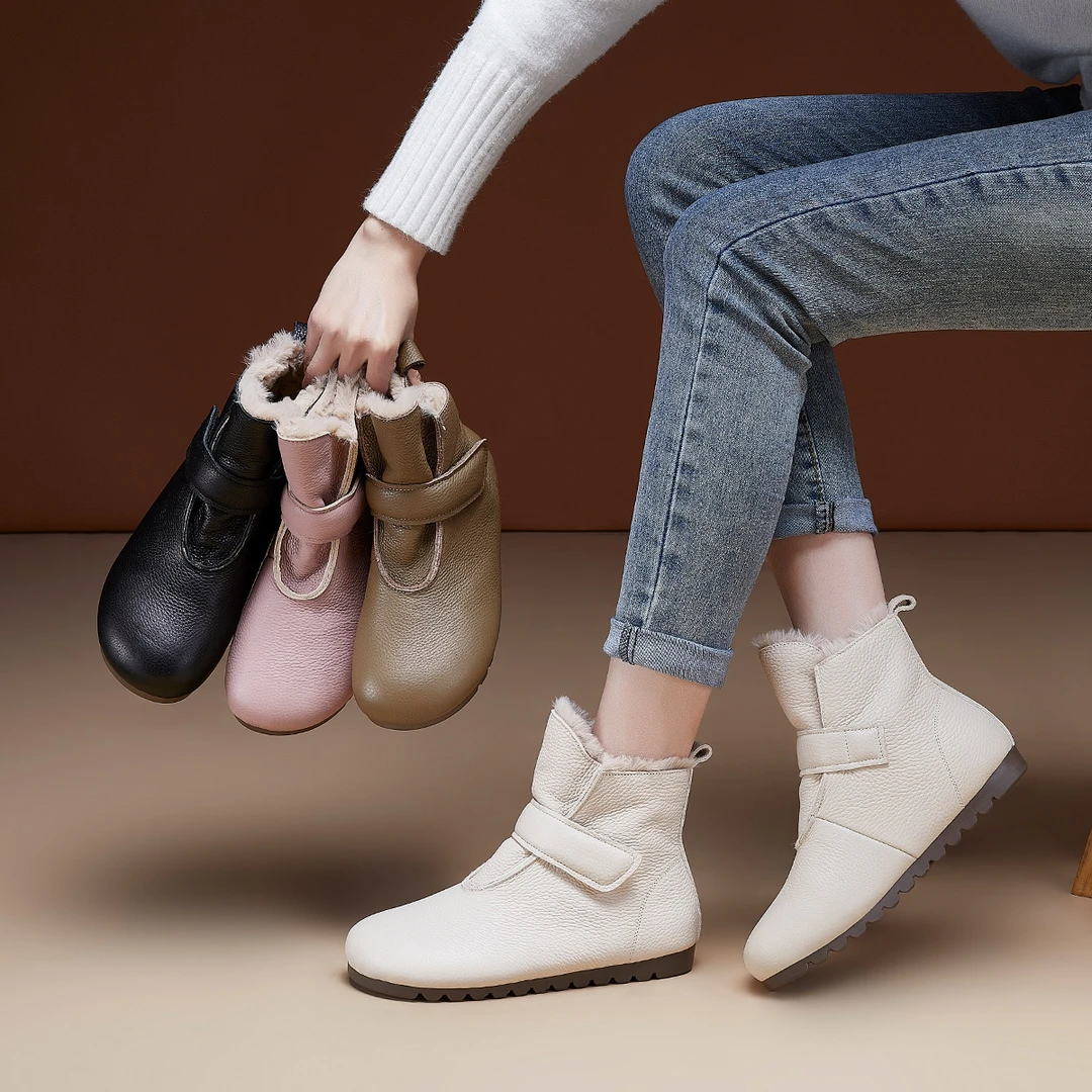 OL208头层牛皮女靴2024冬季软底软面加绒魔术贴便携保暖圆头靴