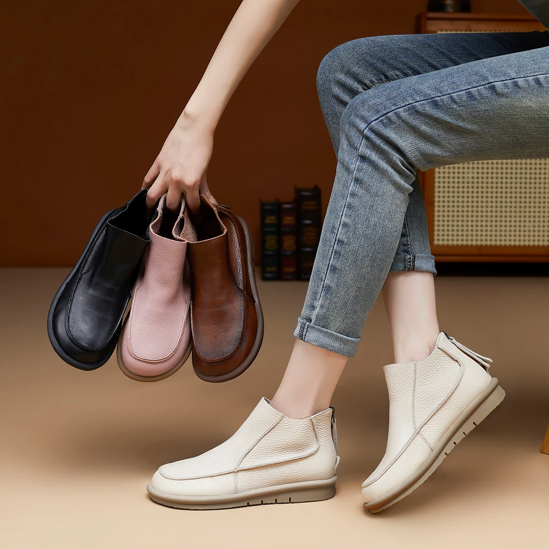 BK131头层牛皮女靴秋冬季时尚百搭休闲松紧一脚蹬软底软面短靴