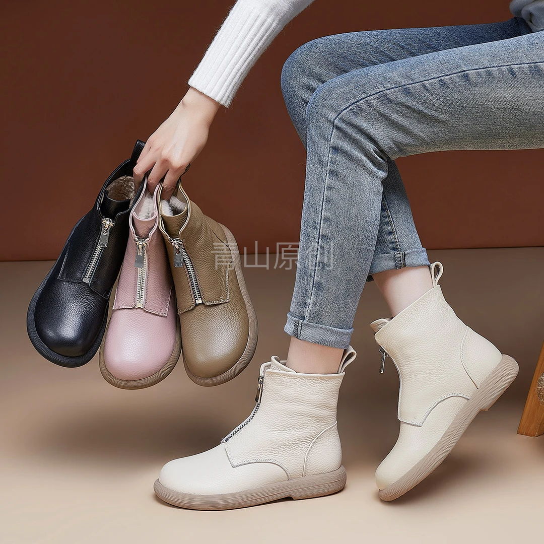头层牛皮女靴2024春季时尚百搭高帮拉链真皮软底平底圆头复古靴