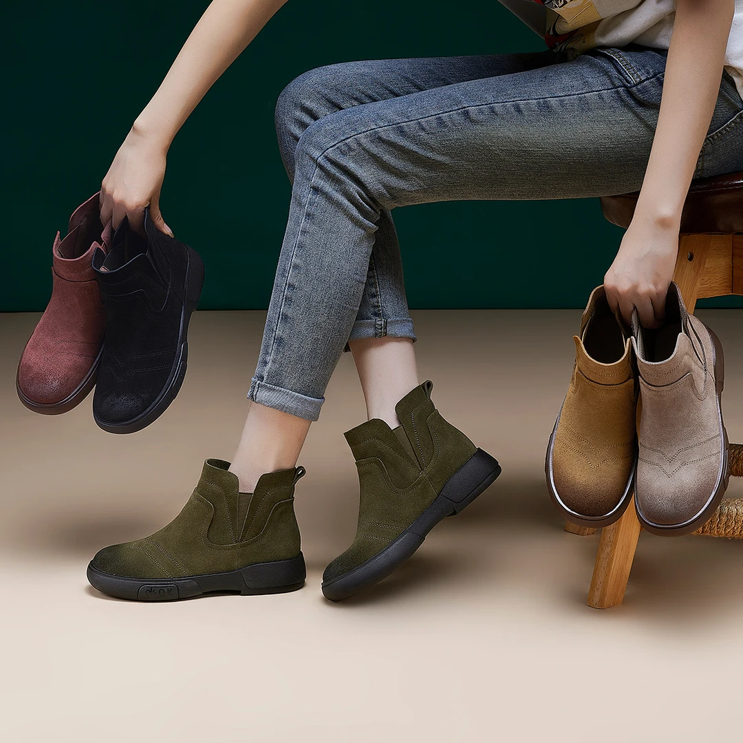 OL166牛皮女靴2024春季加绒真皮复古反绒V口时尚百搭舒适圆头短靴