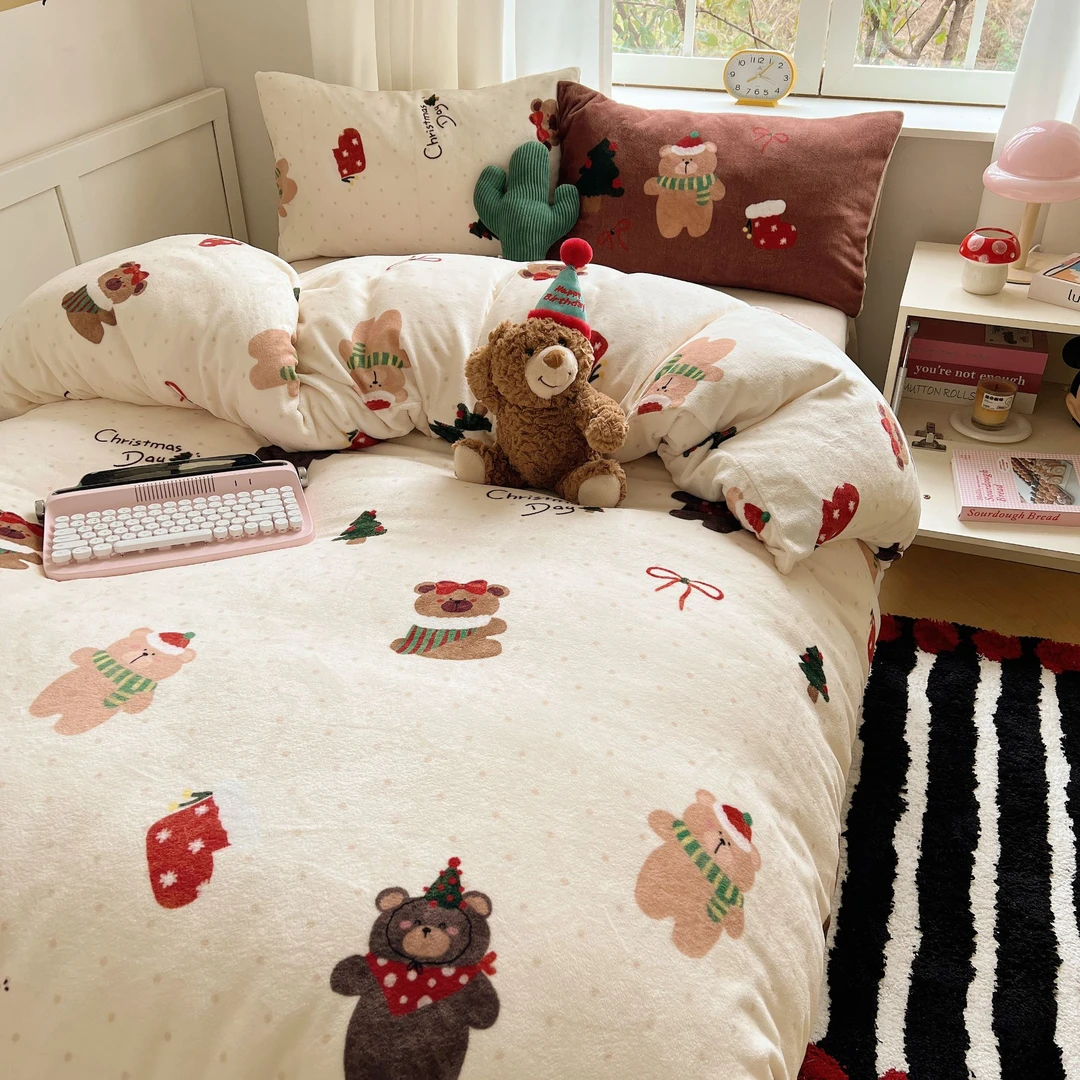 ins少女心圣诞小猫姜饼小人仿牛奶绒四件套