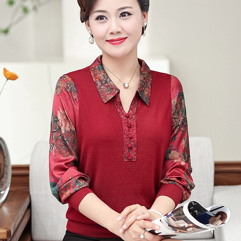 中年妈妈秋装洋气长袖翻领针织上衣2025新款中老年女春秋打底衫薄