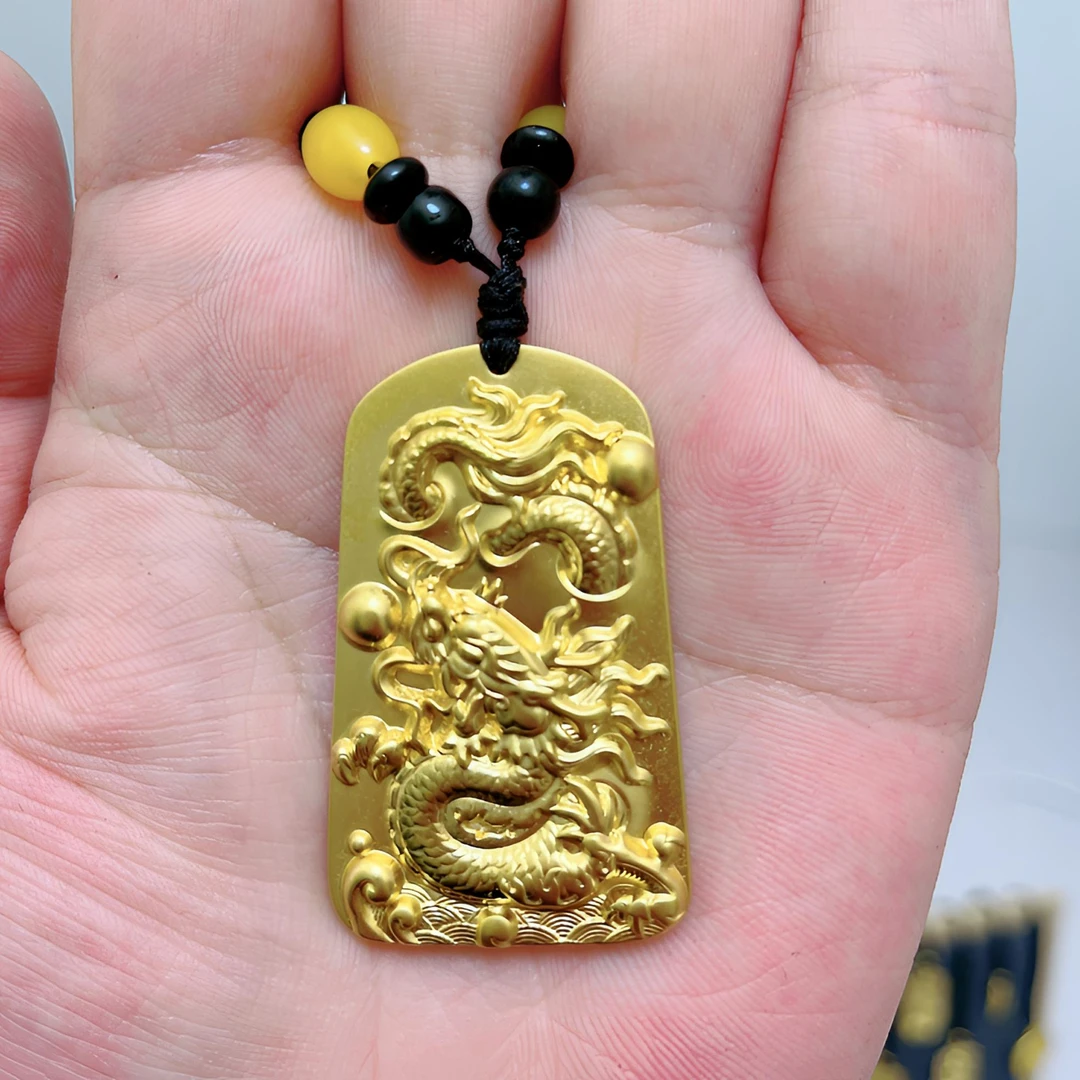 合金吊坠 精美双面二龙戏珠素款复古金色项坠饰品挂坠实心项链47