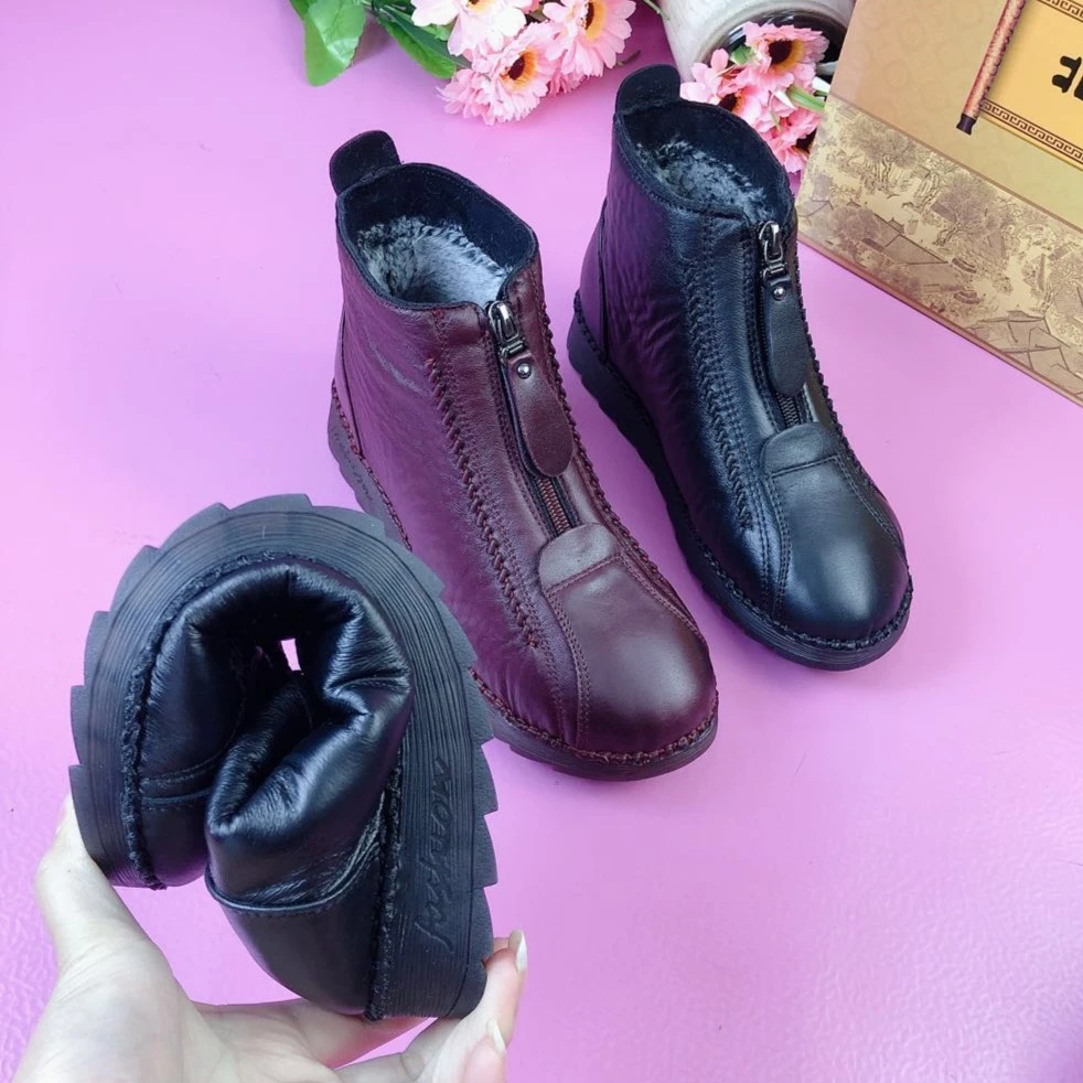 【爆款推荐】秋冬加绒保暖妈妈鞋老北京软皮短靴防滑耐磨女士棉鞋