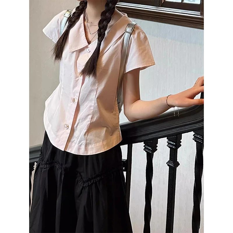 学院风粉色短袖衬衫女夏季新款设计感小个子百搭修身显瘦短款上衣