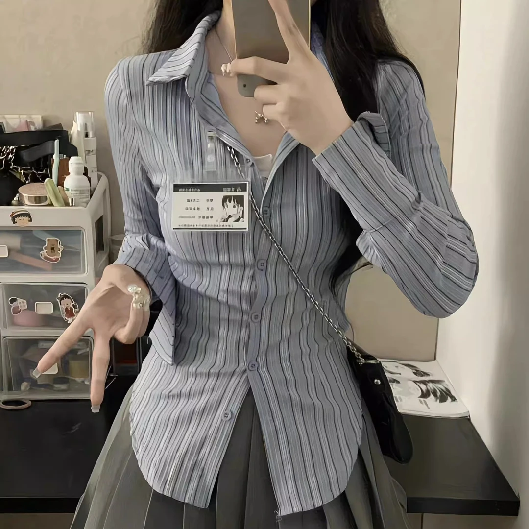 正版高档条纹衬衫女纯欲风辣妹收腰修身显瘦上衣秋季新款打底上衣