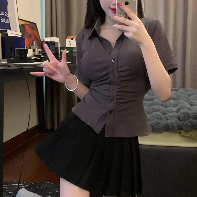 弹力收腰衬衫女辣妹褶皱纯欲风jk制服短袖衬衣设计感灰色紧身上衣