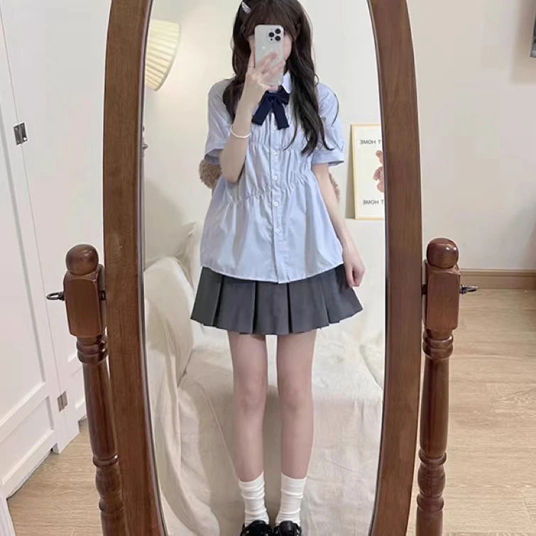 学院风jk衬衫女甜美奶蓝色短袖衬衣宽松休闲高级感上衣裙子两件套
