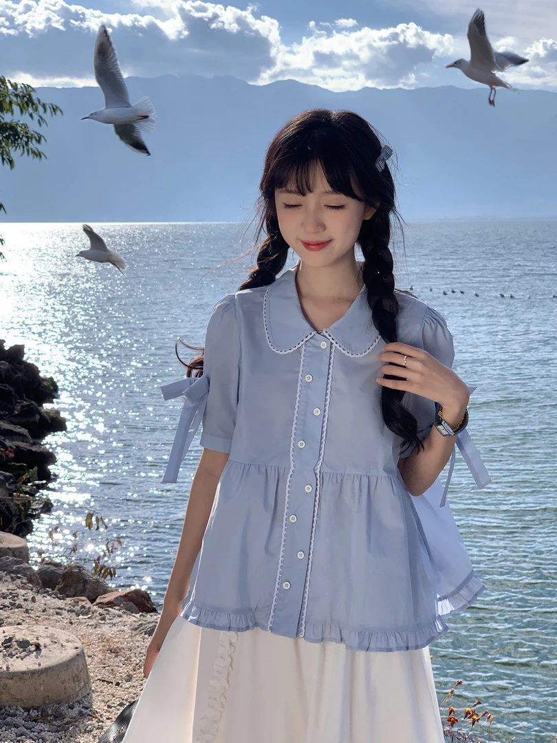 蓝色娃娃领短袖衬衫女夏季新款甜美温柔风设计感小众宽松百搭上衣