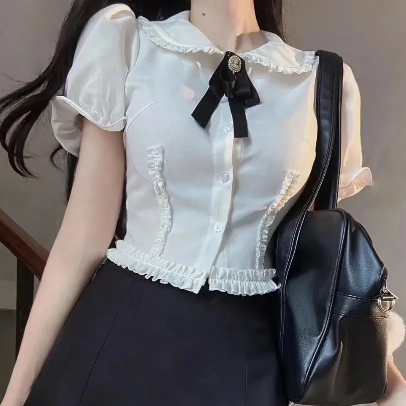 娃娃领花边短袖衬衫女夏纯欲辣妹修身短款衬衣设计感小众白衣上衣