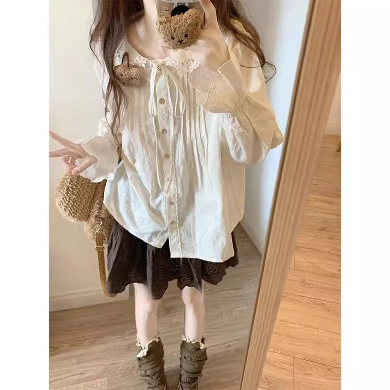 法式复古甜美花边领长袖衬衫女2025秋季新款设计感宽松小个子上衣
