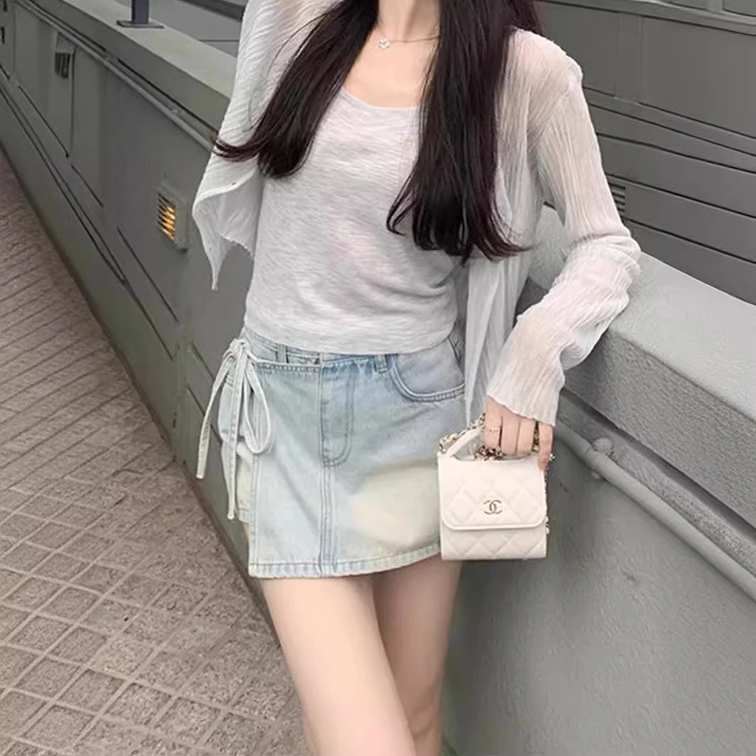 奶蓝牛仔半身裙女夏季2024新款高腰显瘦a字裙裤不规则 小个子短裙