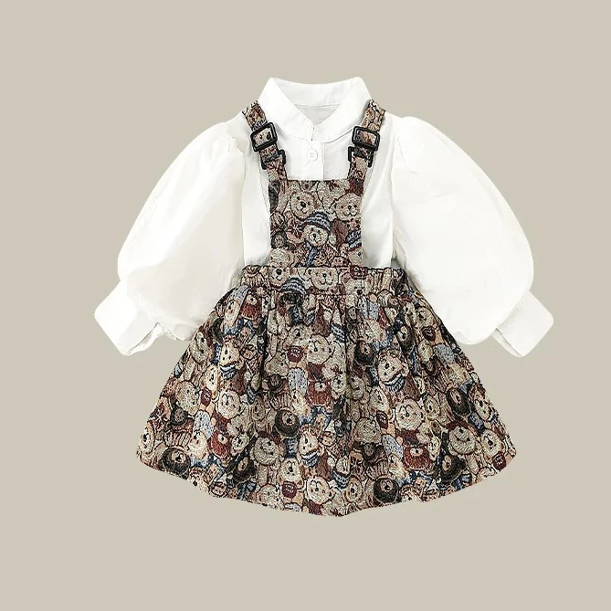 1113女童连衣裙春秋季新款2024可爱风女宝宝盘扣衬衫背带裙套装
