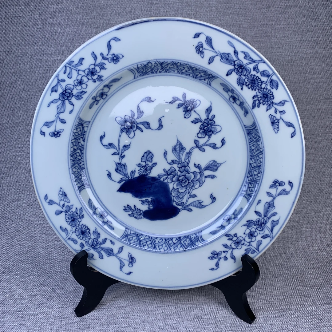 清代青花洞石花卉盘古瓷器真品国营镇江市文物商店库出5028048