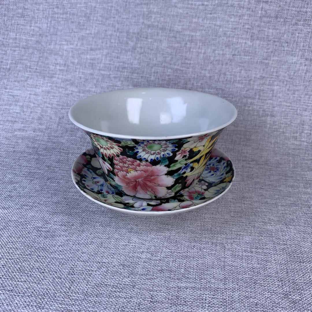 民国百花不落地杯碟一套古瓷器真品国营镇江市文物商店3068051