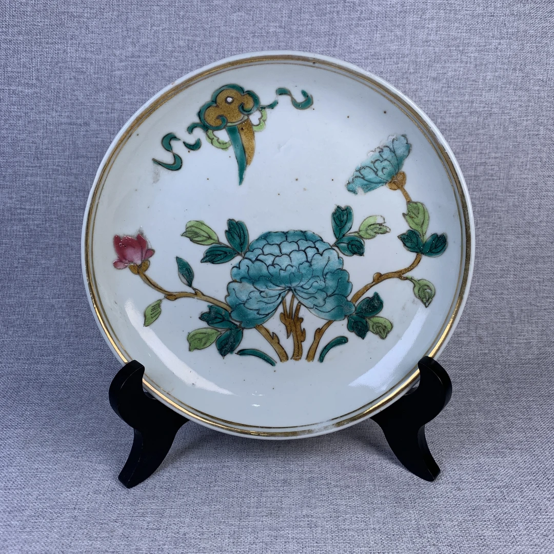 清代粉彩花卉盘古瓷器真品国营镇江市文物商店库出5008290