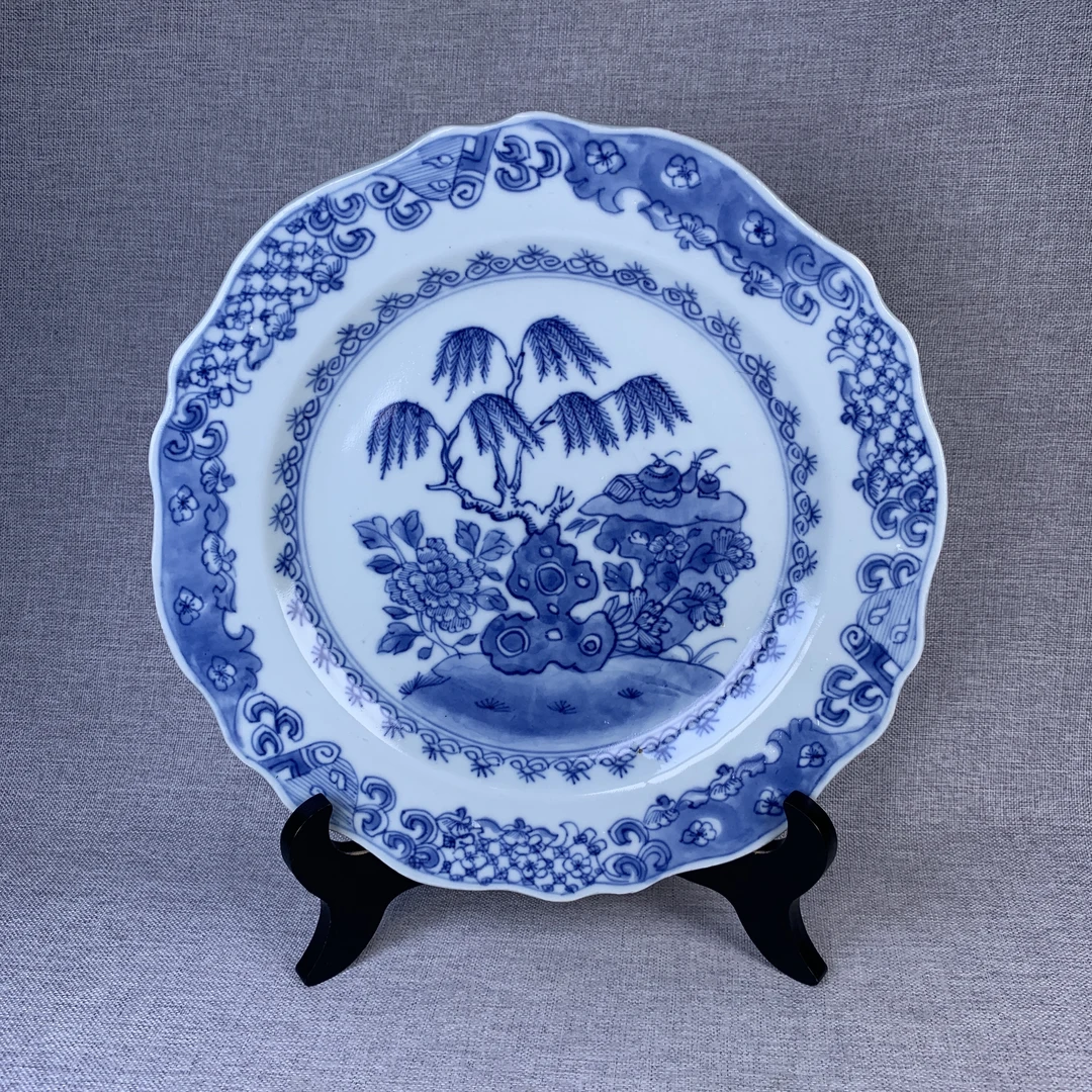 清代青花洞石花卉盘古瓷器真品国营镇江市文物商店库出5008130