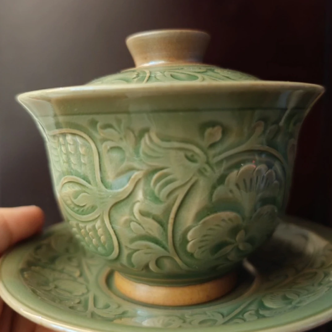 耀州窑凤穿牡丹凤衔牡丹盖碗