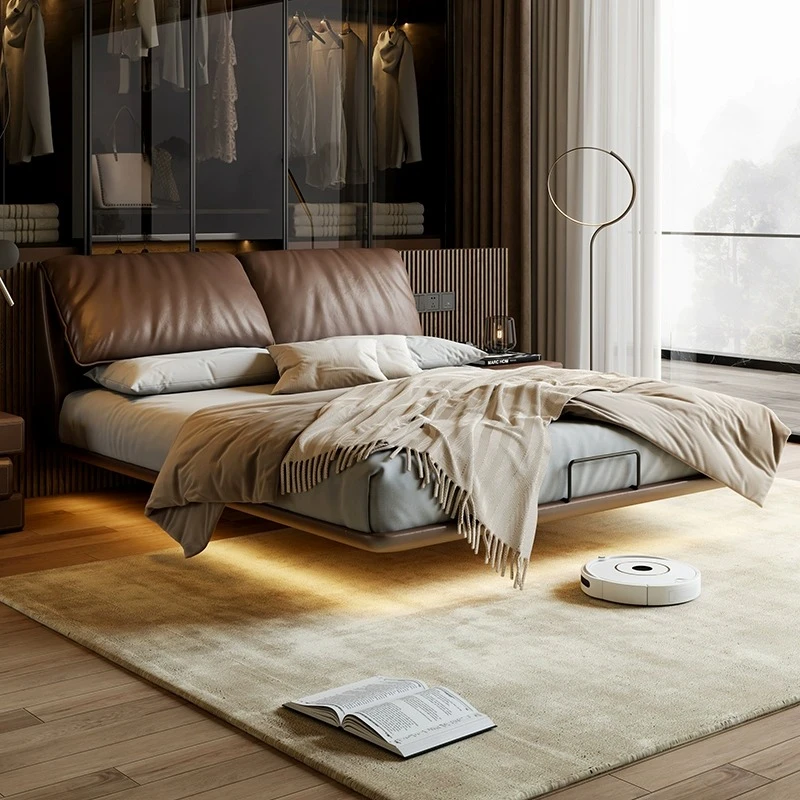 艾窝窝意式极简真皮床主卧双人床现代简约轻奢婚床大象耳朵悬浮床