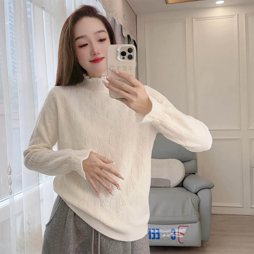 358现货超软秋冬季厚长袖针织衫女打底衫半高领喇叭袖波浪纹套头