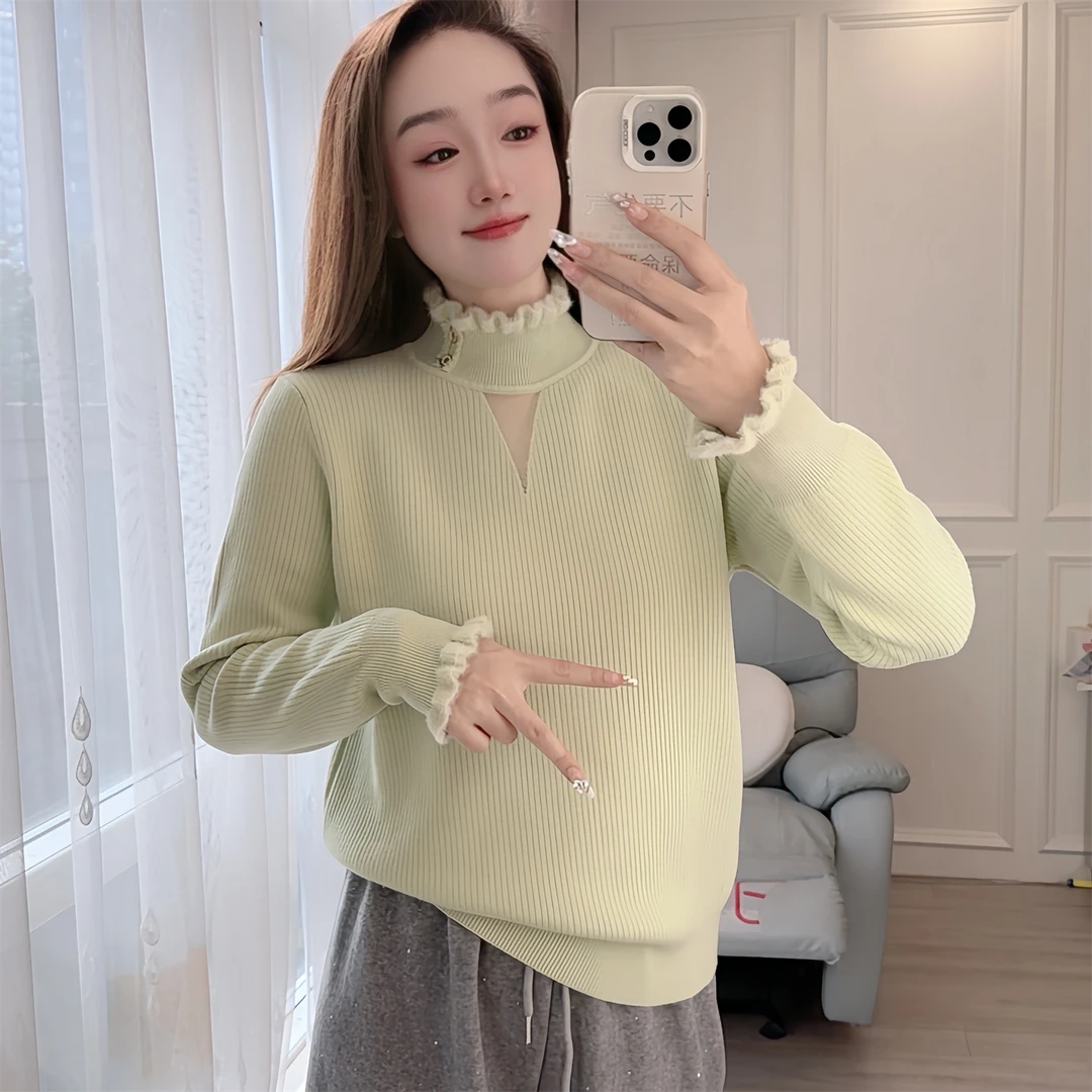 359现货秋冬季加绒加厚长袖针织衫宽松女装打底衫半高领保暖套头