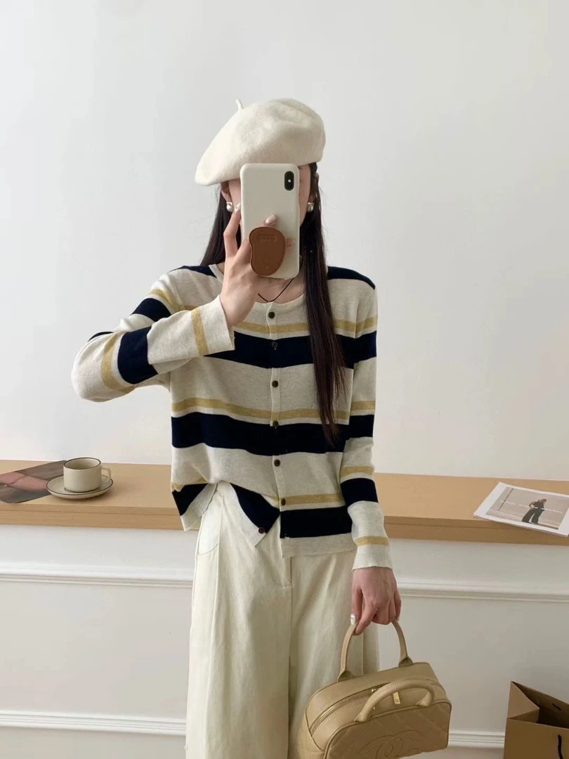280现货秋季针织柔软宽松大码女装条纹圆领休闲长袖开衫外套