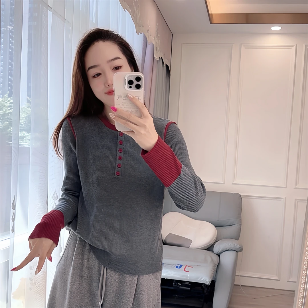 296现货秋冬季长袖针织衫打底衫大码女装拼袖圆领长袖套头打底衫