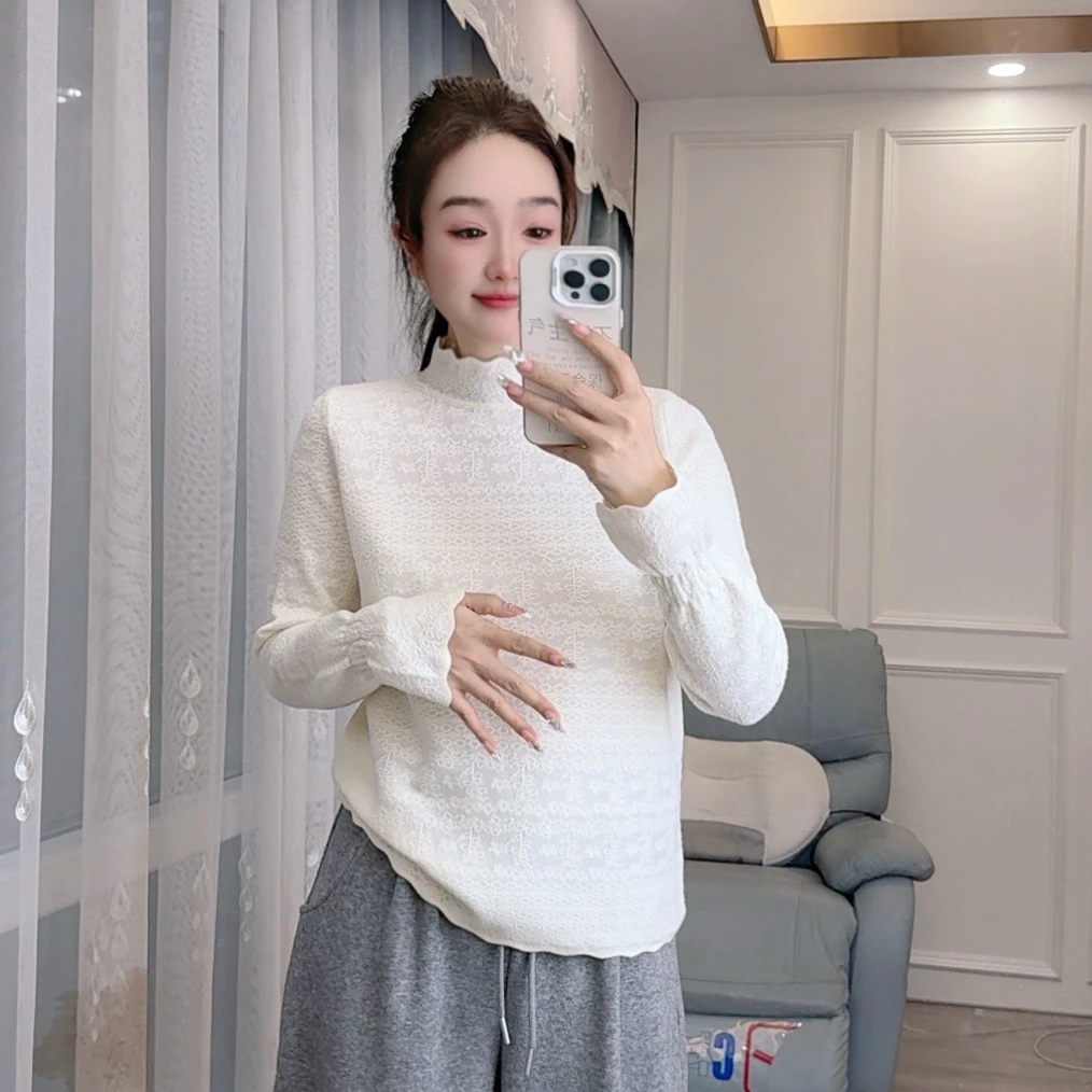 355现货秋冬季厚长袖针织衫女装打底衫半高领钉珠喇叭袖百搭套头