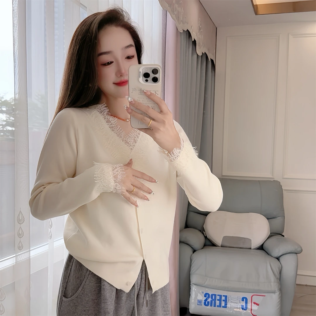 317秋冬季针织衫开衫宽松大码女装V领蕾丝航班长袖百搭打底衫