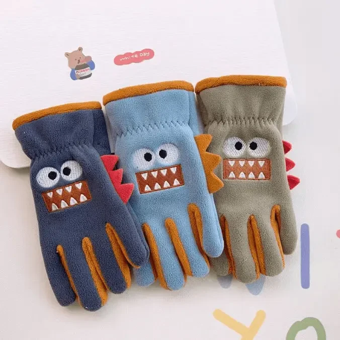 秋冬保暖儿童手套冬季保暖加绒加厚可爱小恐龙7-12岁男女防风防寒