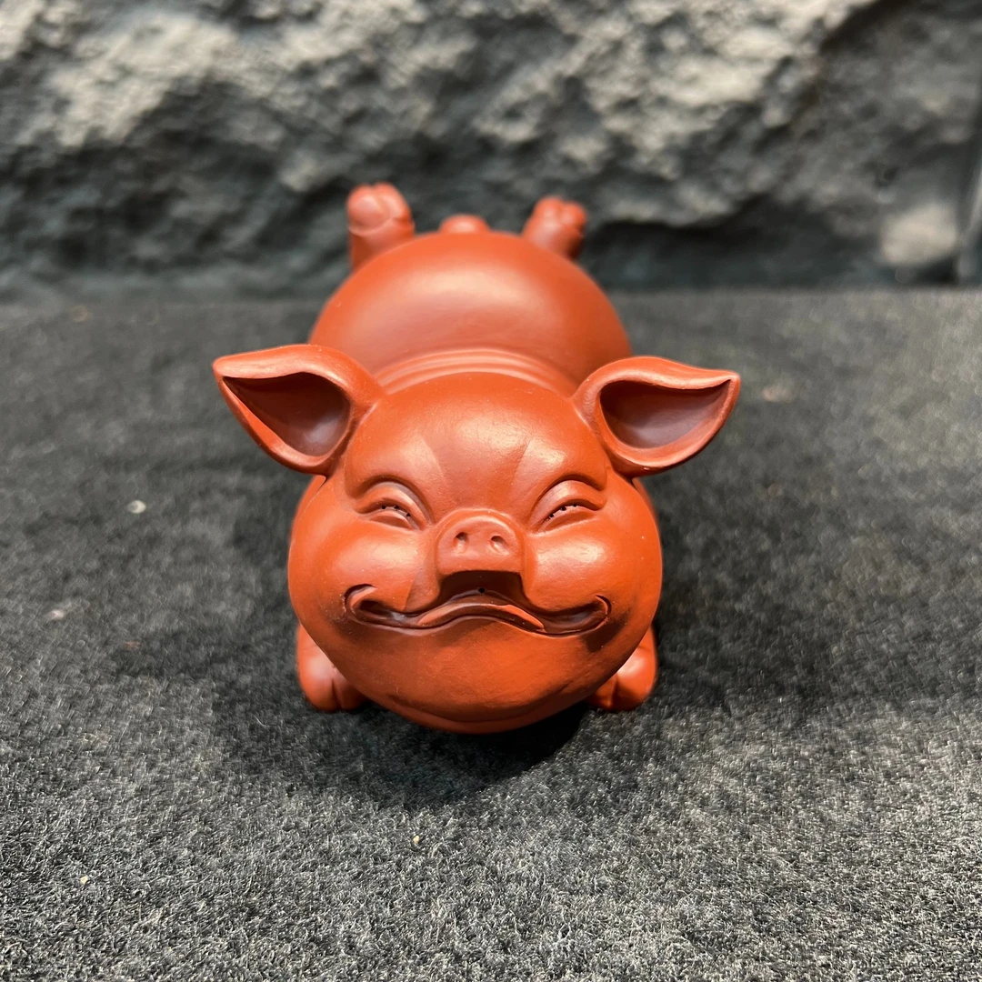 紫砂欢天喜地猪玄关博古架摆件