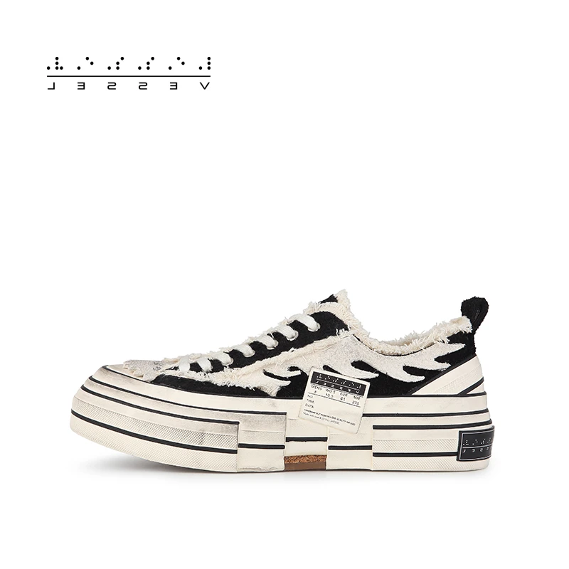 XVESSEL【火焰脏脏鞋】黑白色火焰个性潮流厚底休闲低帮硫化鞋百搭