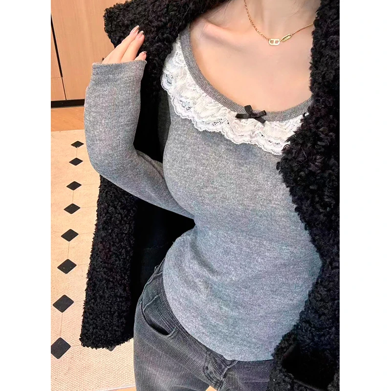 磨毛T恤女秋冬季新款U形下摆洋气蕾丝花边拼接抽褶修身加绒打底衫