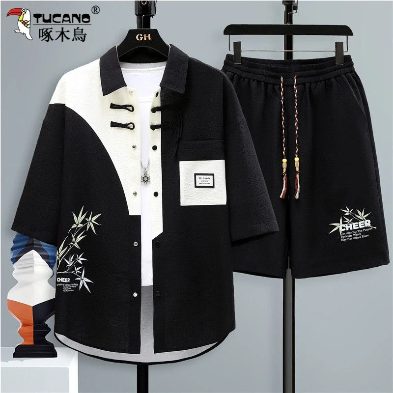 TUCANO/啄木鳥夏季短袖衬衫套装宽松青少年潮流冰丝男士帅气休闲