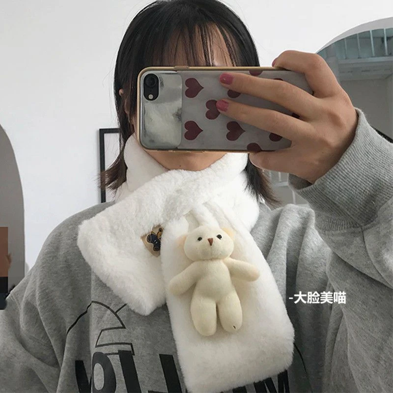 ins韩版可爱少女心立体小熊毛绒围巾围脖女保暖学生软妹毛茸茸