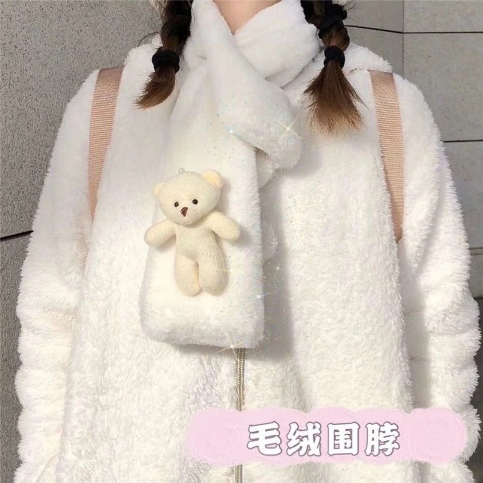 可爱简约小熊玩偶围巾秋冬少女学生毛茸茸保暖围巾交叉围脖成品