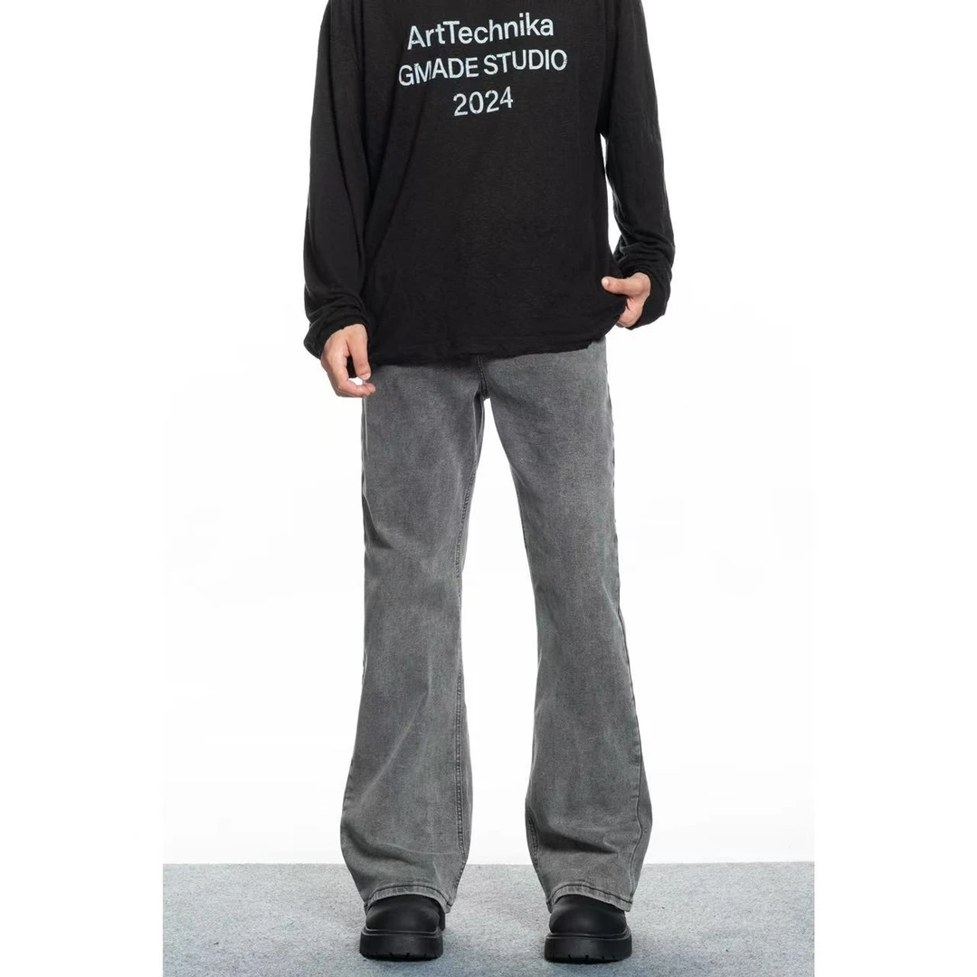 怪兽实验室美式复古洗水黑直筒微喇牛仔裤做旧破坏设计牛仔裤